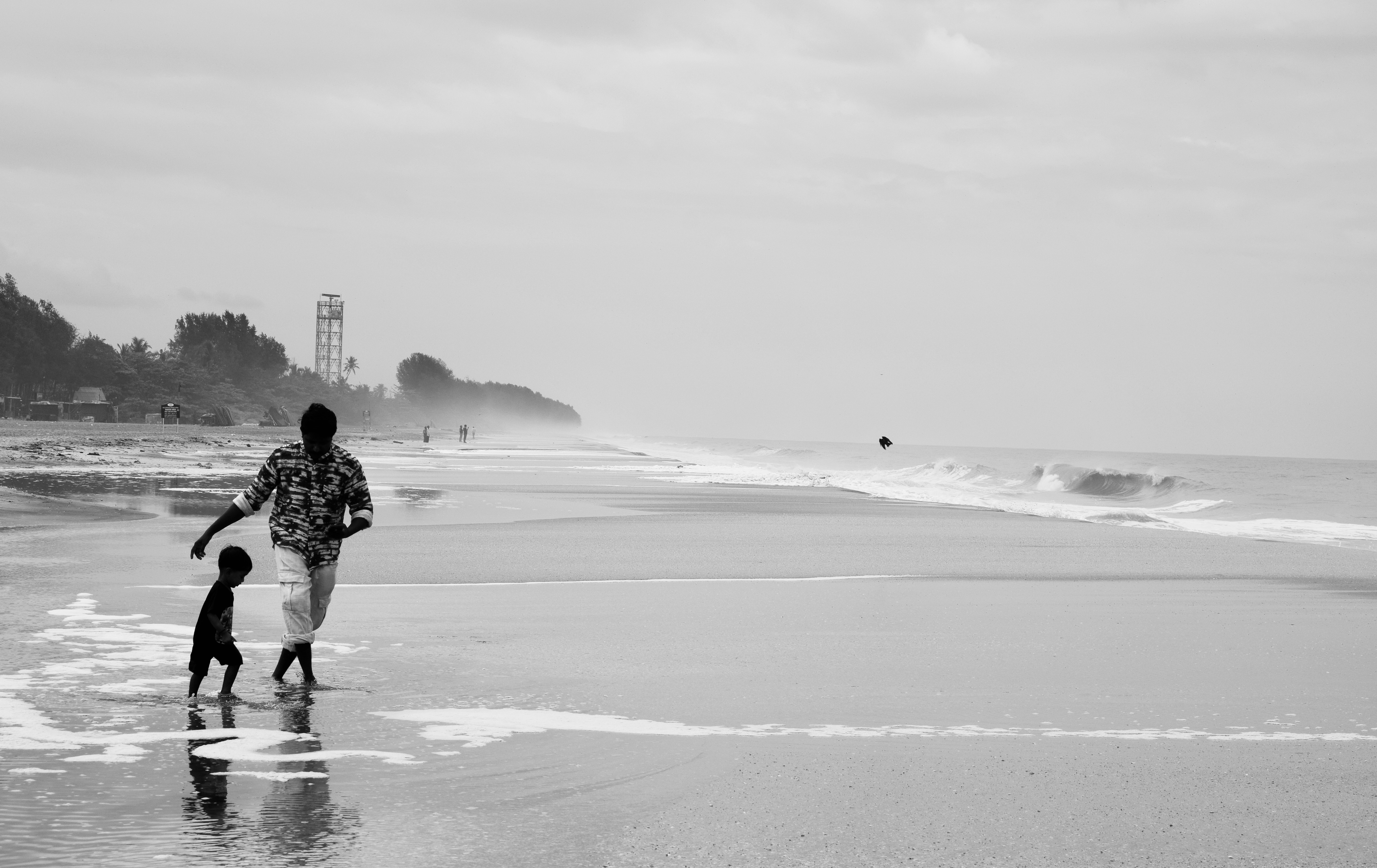 A father and child walking through shallow surf on a black-and-white beach