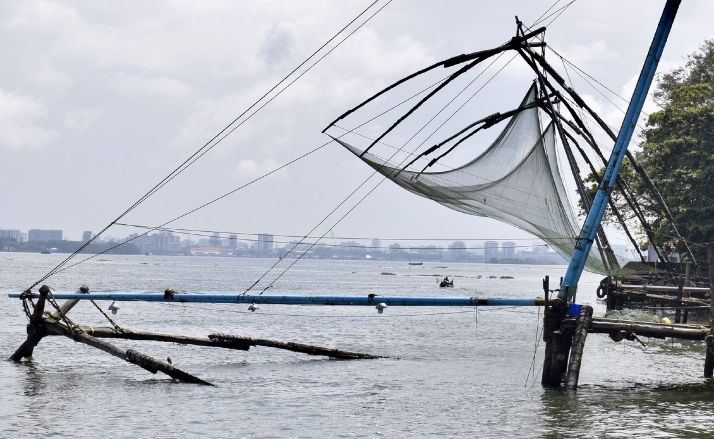 A Chinese fishing net stretched over the water near Kochi